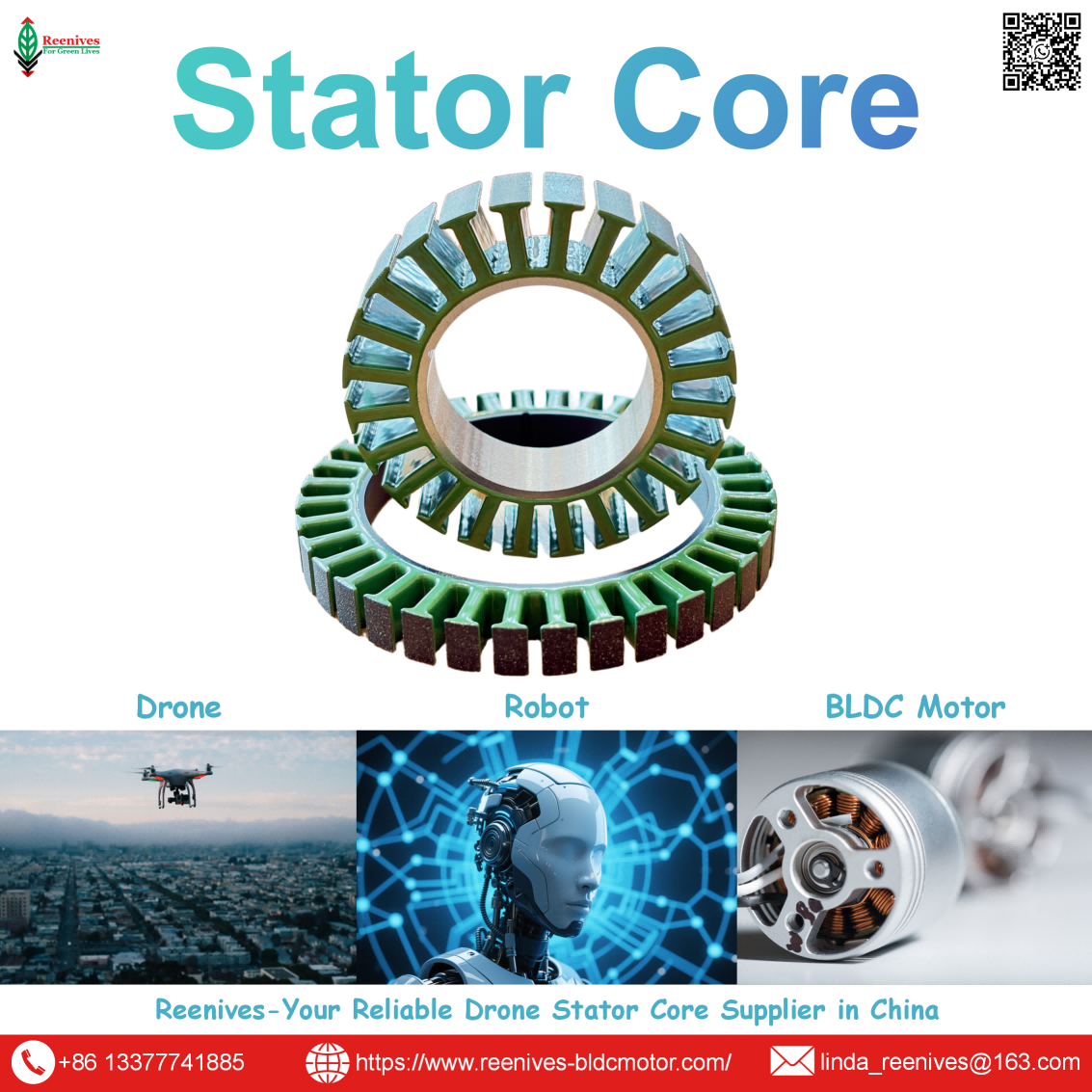 Precision motor stators for UAV, drone & industrial BLDC motors. 0.20mm epoxy-coated, low core loss, Class H. Custom tooling & global shipping.